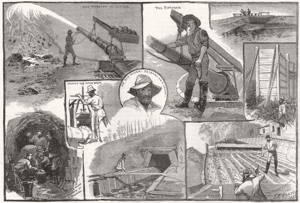 AUSTRALIA. Hydraulic gold-mining in the Australian alps 1885 antique print